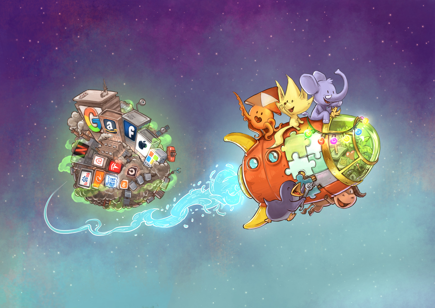 Dessin numérique : les mascottes du libre s'échappent de la planète des GAFAMs sur leur fusée